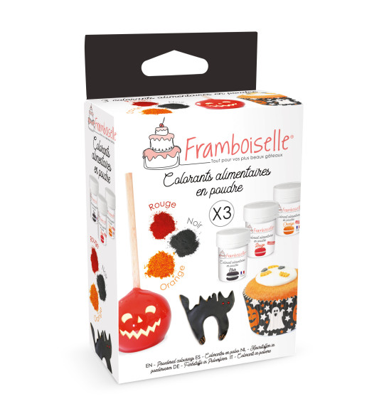 Trio de colorants poudre Halloween (rouge, orange, noir)