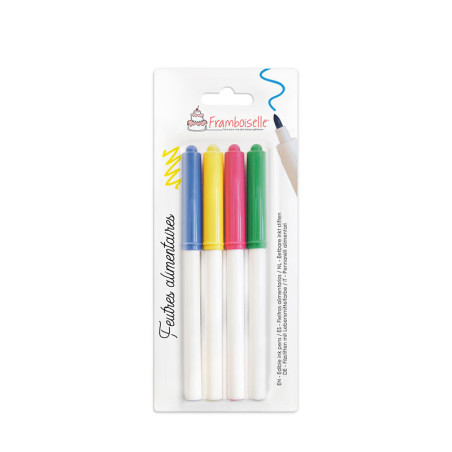 4 feutres alimentaires (bleu, jaune, rose, vert) 4 feutres alimentaires (bleu, jaune, rose, vert)