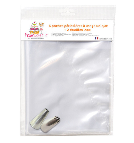 Kit 6 poches jetables + 2 douilles inox macaron/étoile Kit 6 poches jetables + 2 douilles inox macaron/étoile