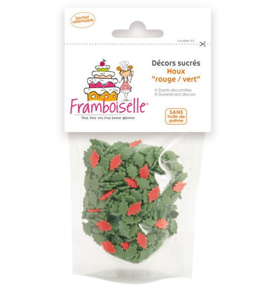 Sachet de décors sucrés Houx vert et rouge 40 gr Sachet de décors sucrés Houx vert et rouge 40 gr