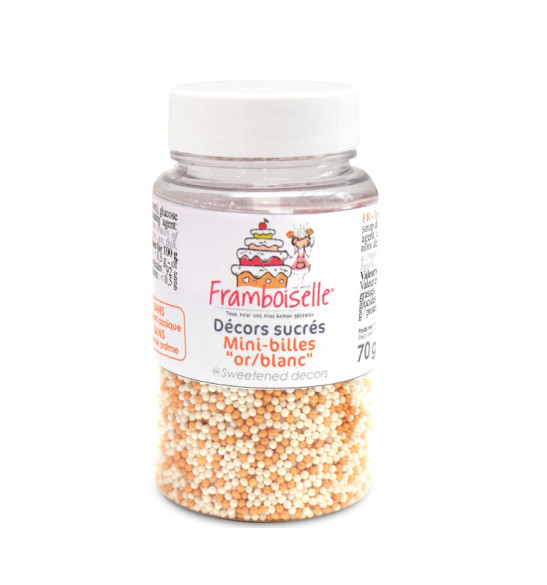 Pot de décors sucrés minibilles or/blanc 70 gr Pot de décors sucrés minibilles or/blanc 70 gr