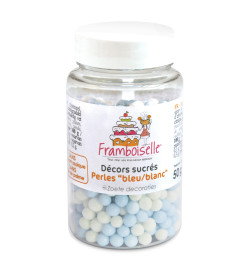 Pot décors sucrés perles bleu/blanc 50g réf.FRA9029