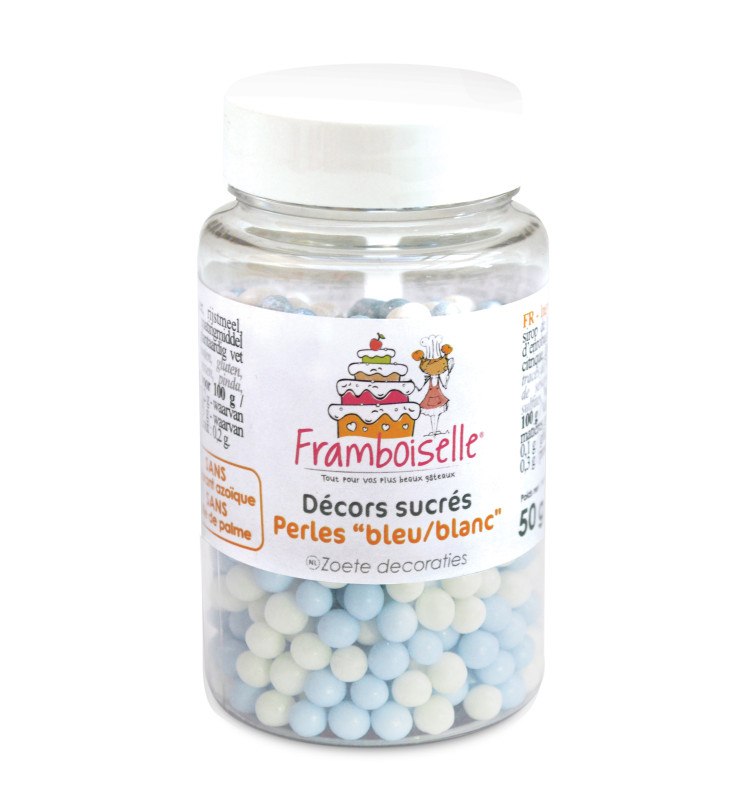 Pot décors sucrés perles bleu/blanc 50g