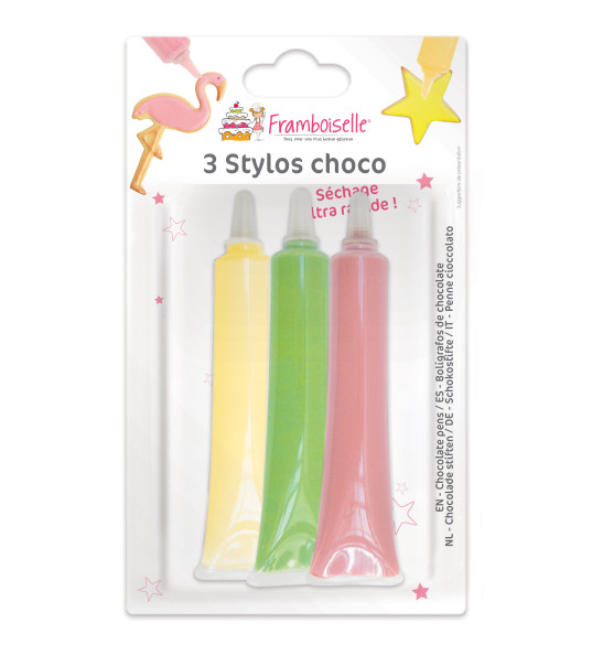 Lot 3 stylos choco (jaune/rose/vert) 3X25g réf.FRA9787